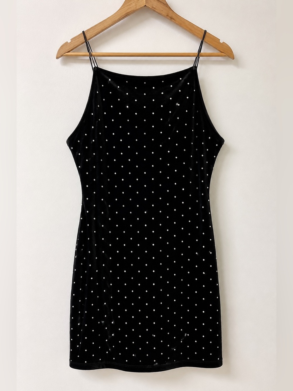 H&M Black Velvet Rhinestone Mini Dress Medium Open Back Bodycon Y2K Party - Picture 4 of 8